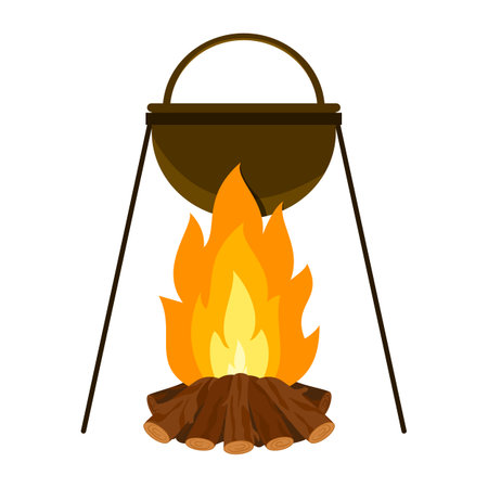 Cooking food campfire pot cauldron camping flat. Hiking icon pile burning wood cookware outdoor food military hunting travel heat cook inside pot open fire dangerous keep nature isolatedのイラスト素材