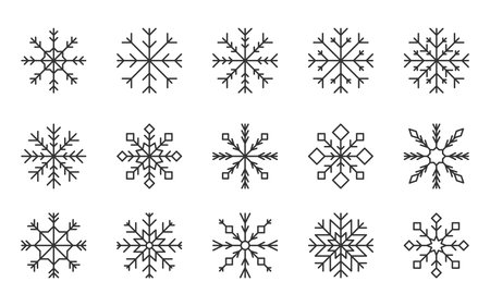 Snowflake crystal hexagon editable line black set. Winter frozen silhouette snow flakes new year ice shape geometric pattern symbol postcard christmas card traditional banner freeze element isolatedのイラスト素材