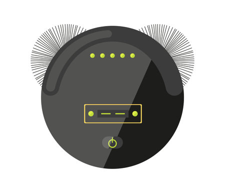 Robot vacuum cleaner cleaning gadget black flat. Smart home equipment device help clean house floor sweep sink antimicrobial cleaner dust debris. Contact connect control phone technological progressのイラスト素材