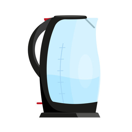 Electric kettle glass boiling water black flat. Teapot transparent modern kitchen gadget equipment making hot drinks tea coffee household electric modern smart device boiler power cooking isolatedのイラスト素材