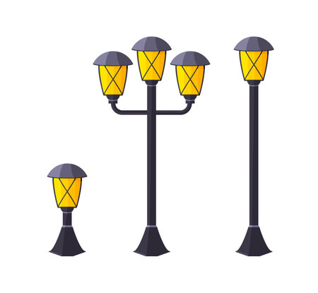 Lighting outdoor garden urban fixture flat set. Front street lamp spot outside inside building courtyard technique street. Modern classic gothic style various size design road electricity isolatedのイラスト素材
