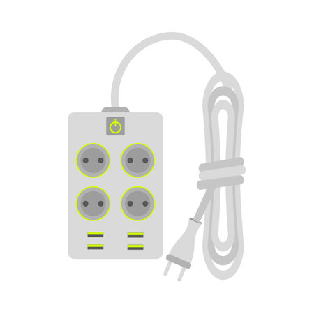 Power surge protector extension cord white flat. Multifunction electronic gadget assistant plug type c usb socket switch button multiplication multiple device simultaneously in same place isolatedのイラスト素材
