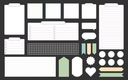 Blank sticker card planner scrapbooking flat set. Label tag vintage minimalist unfilled task window reminder task speech bubble heart receipt sheet dot grid list personal memo blank organize isolatedのイラスト素材