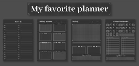 Planner template black page life organizer bw flat set. Business design reminder important task time control day week month year universal to-do list routine schedule management efficient planningのイラスト素材