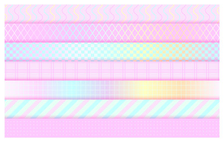 Rainbow adhesive washi tape pattern cute flat set. Iridescent holographic gradient pastel pink clip art decor scrapbooking sticker label chevron ribbon spring marshmallow cozy line seamless designのイラスト素材