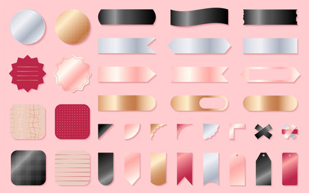 Label scotch sticker flag washi tape flat set. Metal design element game 3d cartoon notecard scrapbook collage photo template diary sticky paper printable banner icon corner frame checked line tagのイラスト素材