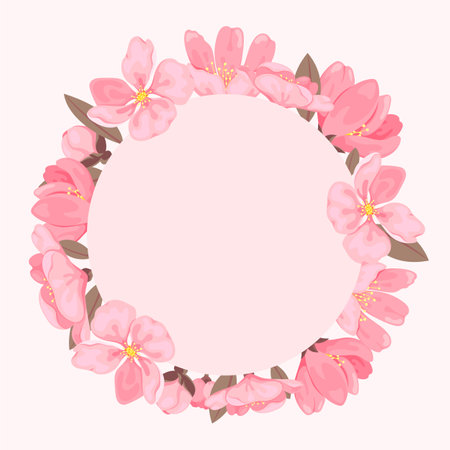 Cherry blossom round floral frame 3d pink flat. Circle bloom spring avatar picture border sakura photo design lettering greeting card invitation seasonal ads fashion banner Japanese style isolatedのイラスト素材