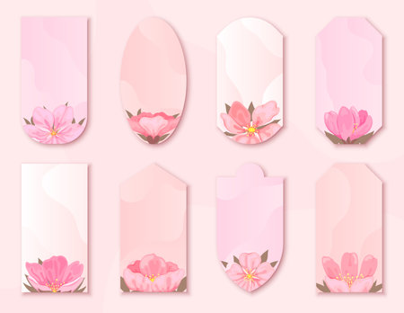Cherry blossom flower tag label pink flat style. Sakura style delicate romance vintage postcard sticker silk discount promotion store ads frame template sale seasonal love japan spring isolatedのイラスト素材