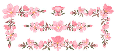 Cherry blossom bunch bouquet frame border corner flat set. Floral spring pink sakura flower delicate element design card invitation gift love holiday decor sticker japan china style seasonal isolatedのイラスト素材