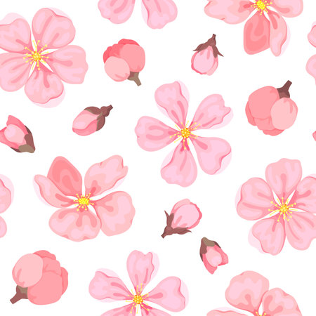 Cherry sakura blossom seamless pattern pink flat. Spring bud japanese chinese wrap paper texture print fabric design tableware furniture wallpaper backdrop gift print sticker tropical garden romanticのイラスト素材