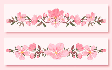Cherry blossom bunch bouquet frame border corner flat set. Floral spring pink sakura flower delicate element design card invitation gift love holiday decor sticker japan china style seasonal isolatedのイラスト素材