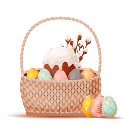 Happy Easter wicker basket eggs baking cartoon icon . Festive weave handle hamper food glazed cake gold painted eggs pussy willow branch traditional spring holiday set greeting card sticker isolatedのイラスト素材