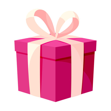 Pink gift box closed isometric ribbon bow flat. Holiday surprise secret package festive beautiful birthday wedding important event decoration symbol bonus sale discount promotion icon banner isolatedのイラスト素材