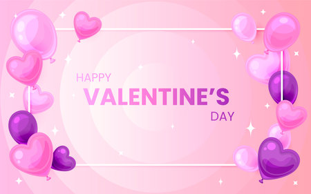 Valentine day greeting card balloon banner flat. Romantic flyer gift banner frame hung balloon heart pink purple gradient sweetheart background cute cartoon love web poster brochure ads celebrationのイラスト素材