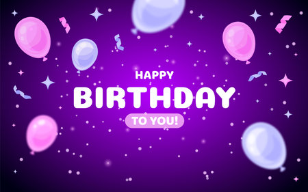 Happy birthday greeting card purple shiny flat. Pink violet balloon confetti star ribbon glitter cute fly template banner flyer poster congratulate postcard cover holiday event big date sparkle partyのイラスト素材