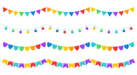 Carnival bunting garland with flags colorful flat set. Rainbow colors pennants flag lantern bulb birthday gender party celebration seamless banner fiesta border holiday header divider frame isolatedのイラスト素材