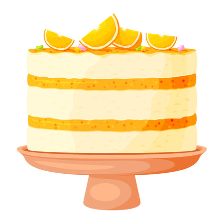Birthday cake on a stand delicious dessert orange flat. Party baking food tiered pie fruity citrus lemon orange slices candy decorating jelly tart on wooden plate doodle icon delicious sweet isolatedのイラスト素材