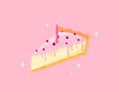 Berry cheesecake piece cake sparkle background pink flat. Template concept greeting card screensaver make a wish magical dream red berries cream dessert star twinkle cute kawaii sticker isolatedのイラスト素材