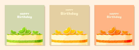 Happy birthday greeting card cake dessert pastel color flat set. Party baking food tiered pie fruity citrus lime lemon orange slices candy decorating jelly tart doodle banner delicious sweet isolatedのイラスト素材