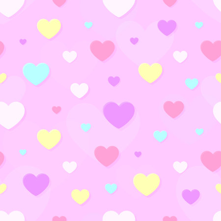 Heart love seamless pattern background pink flat. Colorful bright valentine festive 3d simple papercut yellow blue purple shadow cute wrapping paper print textile greeting card romantic wallpaperのイラスト素材