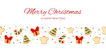 Christmas ginger cookie horizontal seamless pattern greeting new year card flat. Candy cane gift xmas tree angel snowflake confetti icing dessert gingerbread sweet decorated background invitationのイラスト素材