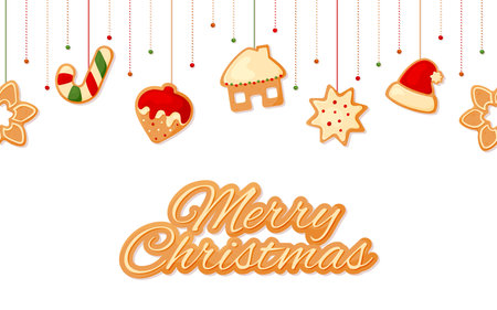 Christmas ginger cookie horizontal seamless pattern greeting new year card flat. Candy cane gift xmas tree angel snowflake confetti icing dessert gingerbread sweet decorated background invitationのイラスト素材