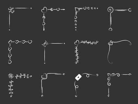 Corner frame heart divider white chalk stroke line set. Ornament curl classic design valentine separator floral text frame wedding love invitation banner postcard border filigree engraving isolatedのイラスト素材