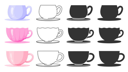Porcelain coffee tea cup mug glass on saucer colorful black line silhouette stamp flat set. Editable line stroke print shape shell drinkware party breakfast kitchen collection container icon isolatedのイラスト素材