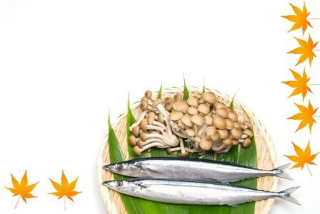 Two raw Sauries and Beech mushrooms on the Colander with Maple pictureの写真素材