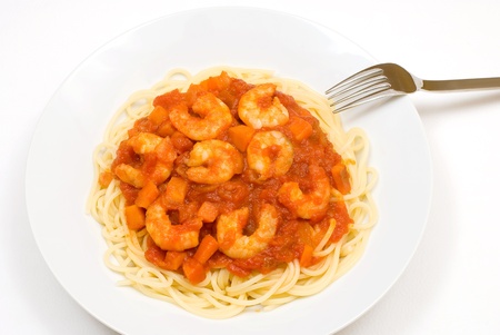 Tomato source spaghetti with Shrimpの写真素材