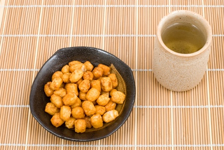 Japanese baked small pieces cuts rice cake snack named Arareの写真素材