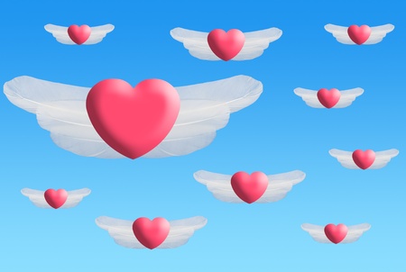 Floating Heart wings on a blue backgroundの写真素材