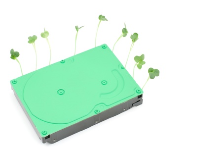 Sprout and green hard disk drive on a white backgroundの写真素材