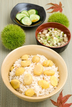 Japanese steamed rice gohan  with Chestnuts Kuri  mixed in advance called Kuri-gohanの写真素材