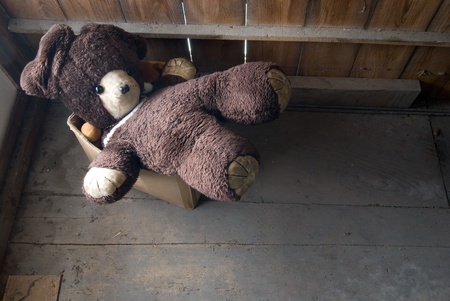 Old worn out stuffed bear in the warehouseの写真素材