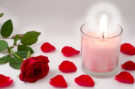 Pink candle and red rose petals on grayの写真素材