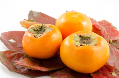 Sweet persimmon fruit on the persimmon leavesの写真素材