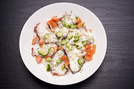 Octopus with vegetables carpaccio on a white dishの写真素材