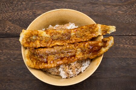 Conger eel tempura on a rice bowl with sauce