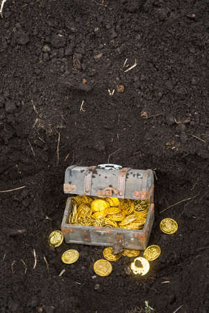 Treasure chest and gold coins in underground where the soil was dug in vertical compositionの写真素材