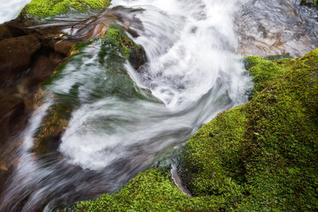 White brook stream flowing down the stone steps beside green mossの写真素材