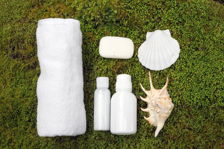 skin care supplies with shell on a green mossの写真素材