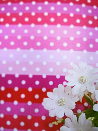 White flowers put on a seamless pattern with with polka dots on a neon pink and red background.の素材