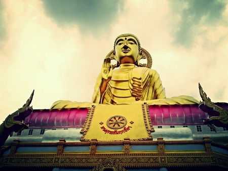 Sitting buddha image with big snake and lotus.の素材