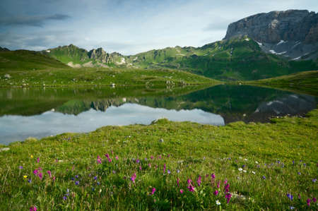 Caucasus mountains and lake with flowersの写真素材