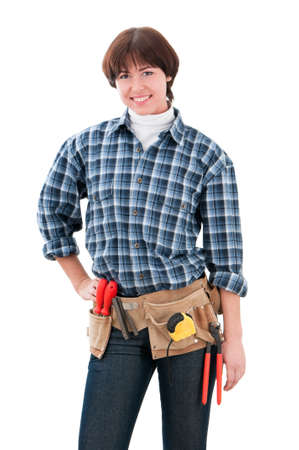 Home repair woman isolated on whiteの写真素材