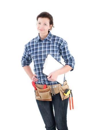 Home repair woman isolated on whiteの写真素材