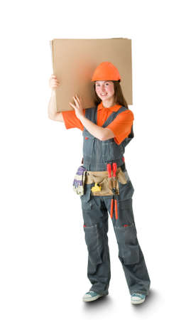 Home repair woman isolated on whiteの写真素材