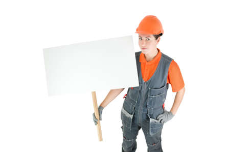 worker with sign isolated on whiteの写真素材