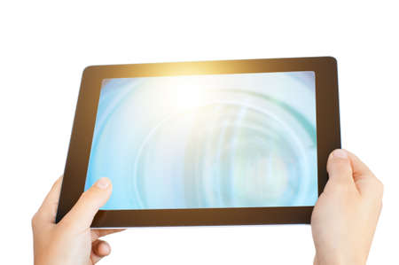 hands holding mobile pad isolatedの写真素材